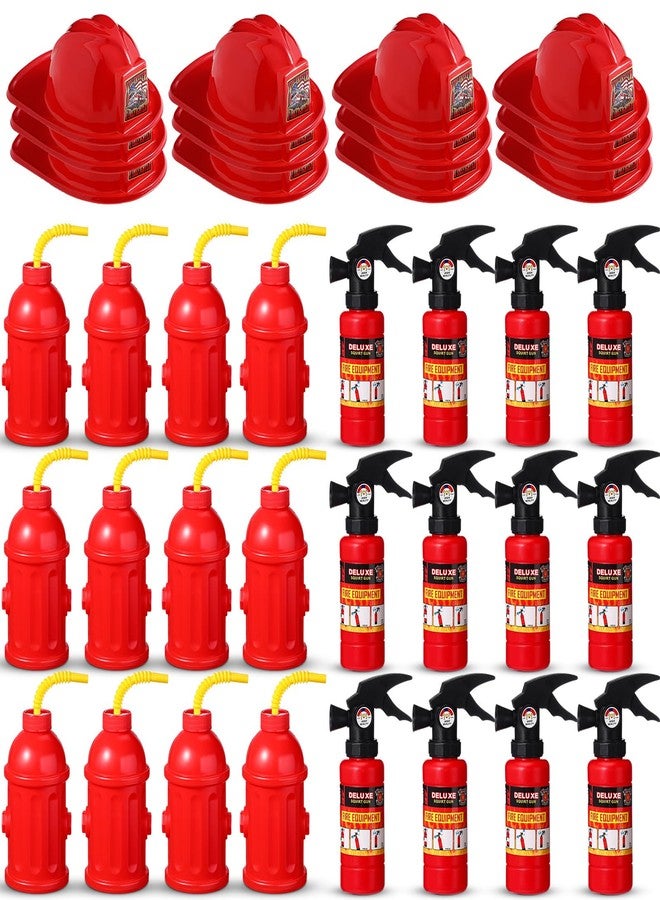 Liliful 36 Pcs Fireman Birthday Party Supplies Including 12 Firefighter Helmet 12 Fire Hydrant Cups with Lids 12 Fire Extinguisher Squirt Toys for Fire Theme Party Supplies - Image 1